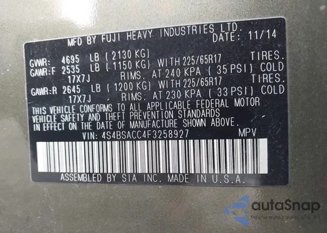 2015 Subaru Outback 2.5I Premium z USA, uszkodzony, nr VIN 4S4BSACC4F3258927